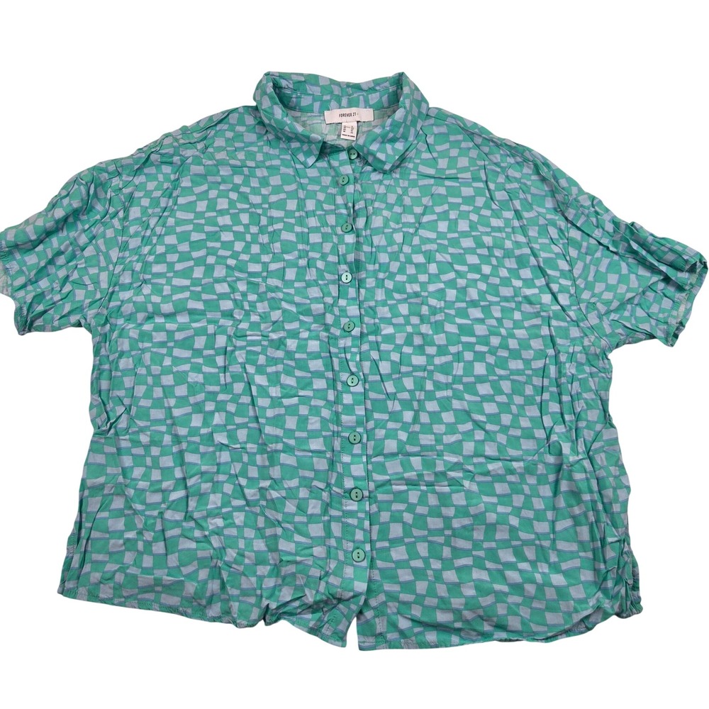 Forever 21+ Button Down Shirt Green Purple Warped Checkerboard Rayon Plus 1X